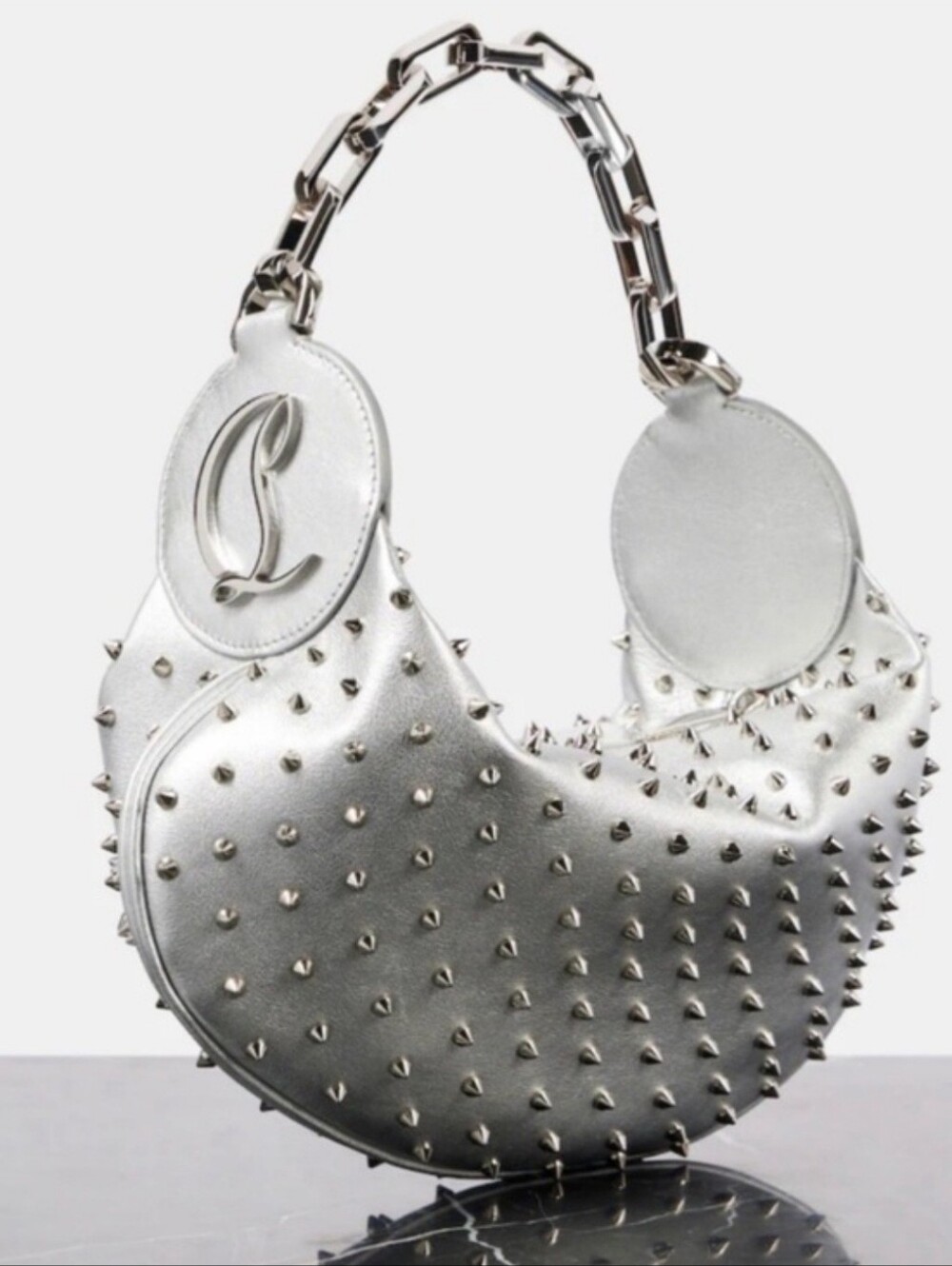 Christian Louboutin Silver Studded Crescent Shoulder Bag